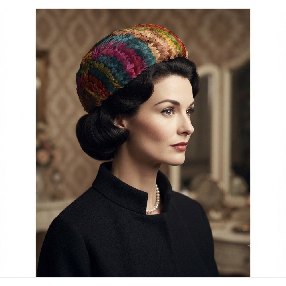 Vintage Mr Josephs New York Feather Pillbox Hat Multi Color Rainbow Mid Century